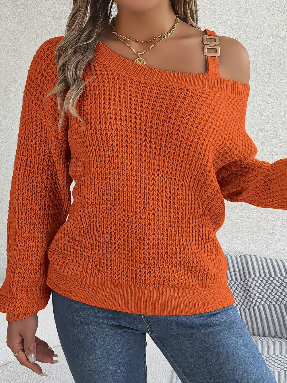 Asymmetrical Neck Long Sleeve Sweater. - Maison Novaire