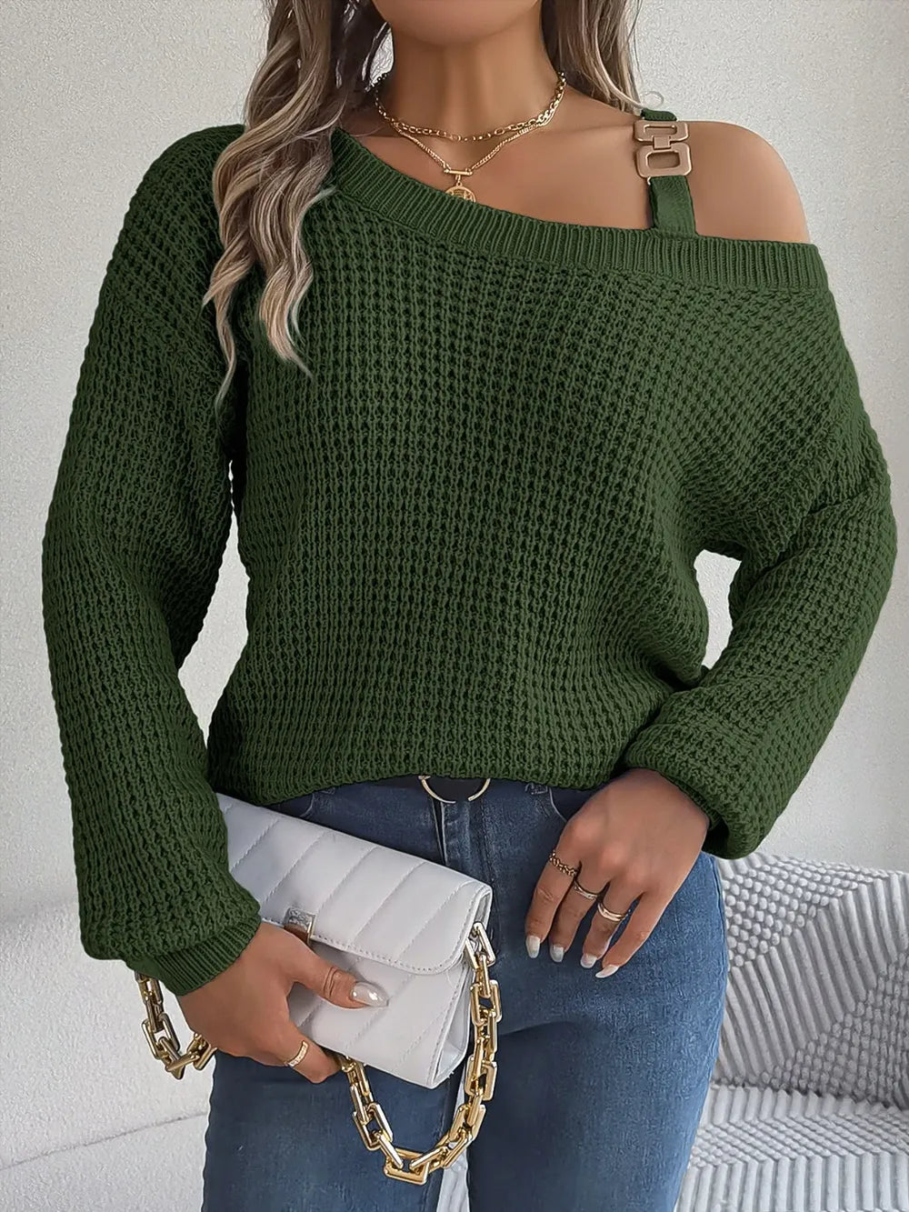 Asymmetrical Neck Long Sleeve Sweater. - Maison Novaire