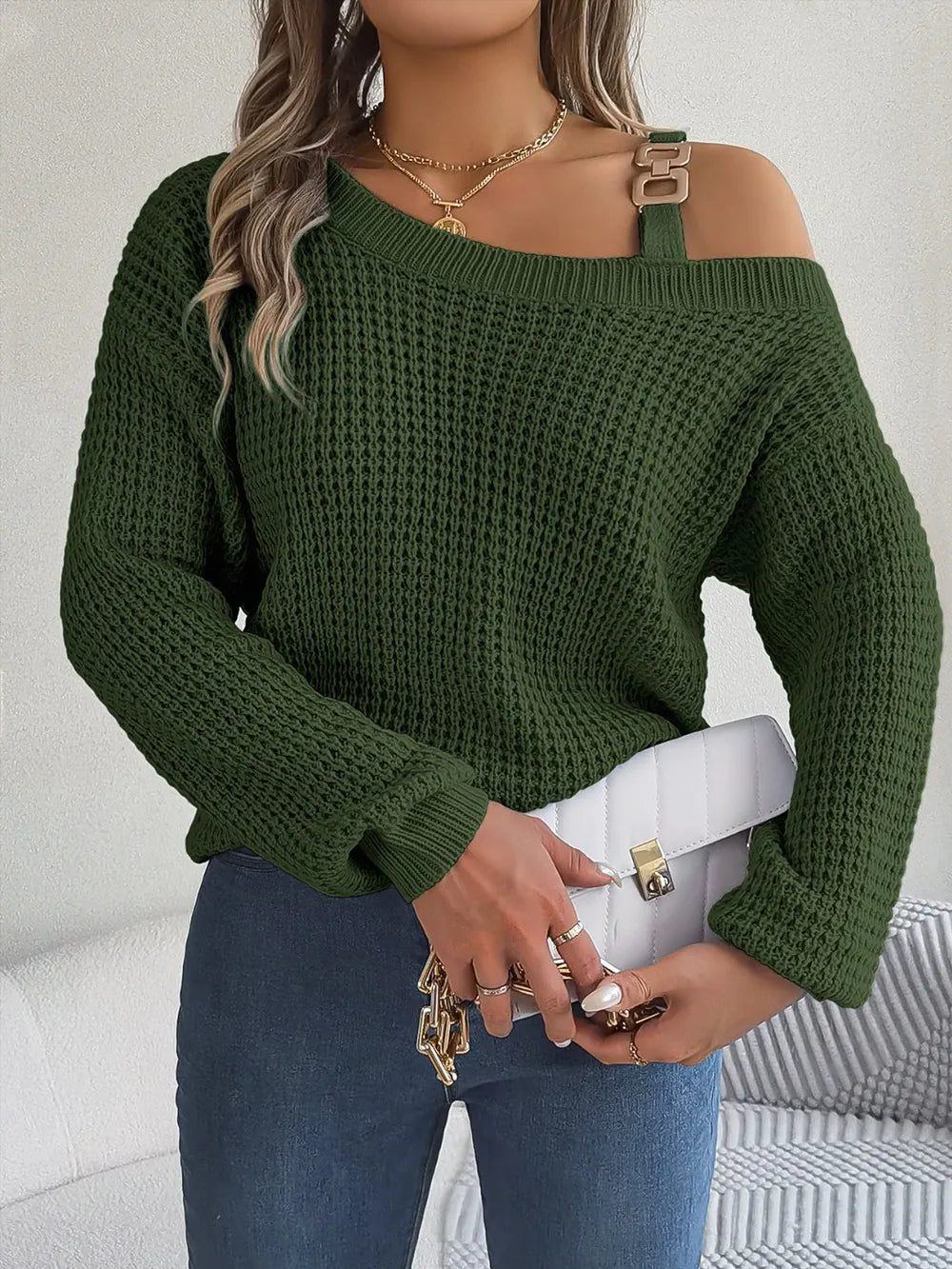 Asymmetrical Neck Long Sleeve Sweater. - Maison Novaire