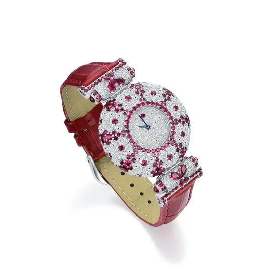 BELLUX Red Belt Women’s Watch | Full Diamond Artificial Ruby Luxury - BLAKESTORE-NG