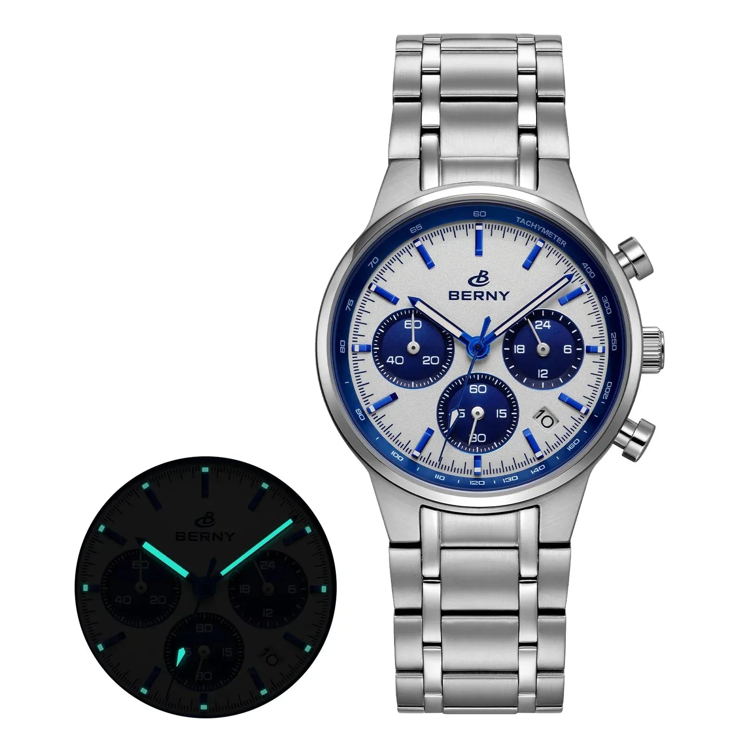 BERNY Men’s Chronograph Watch | Sapphire Stainless Steel Panda Dial - BLAKESTORE-NG