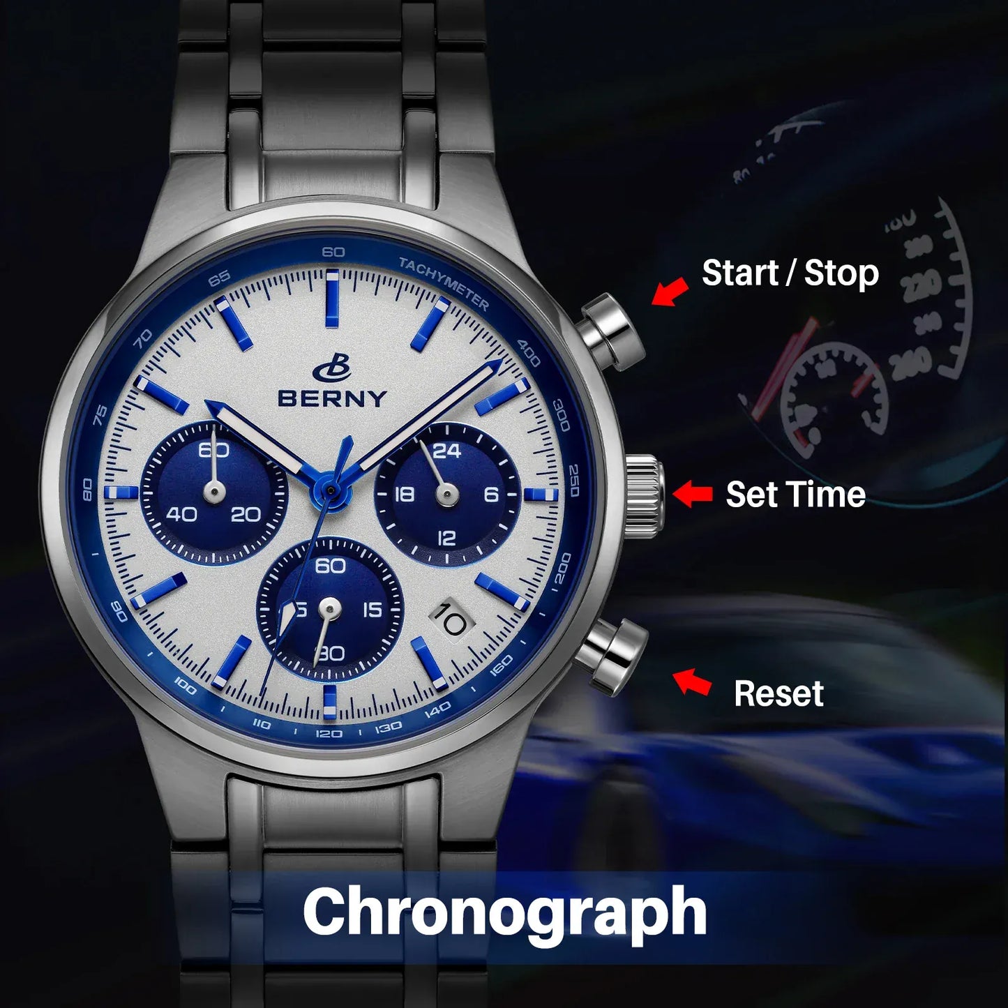BERNY Men’s Chronograph Watch | Sapphire Stainless Steel Panda Dial - BLAKESTORE-NG