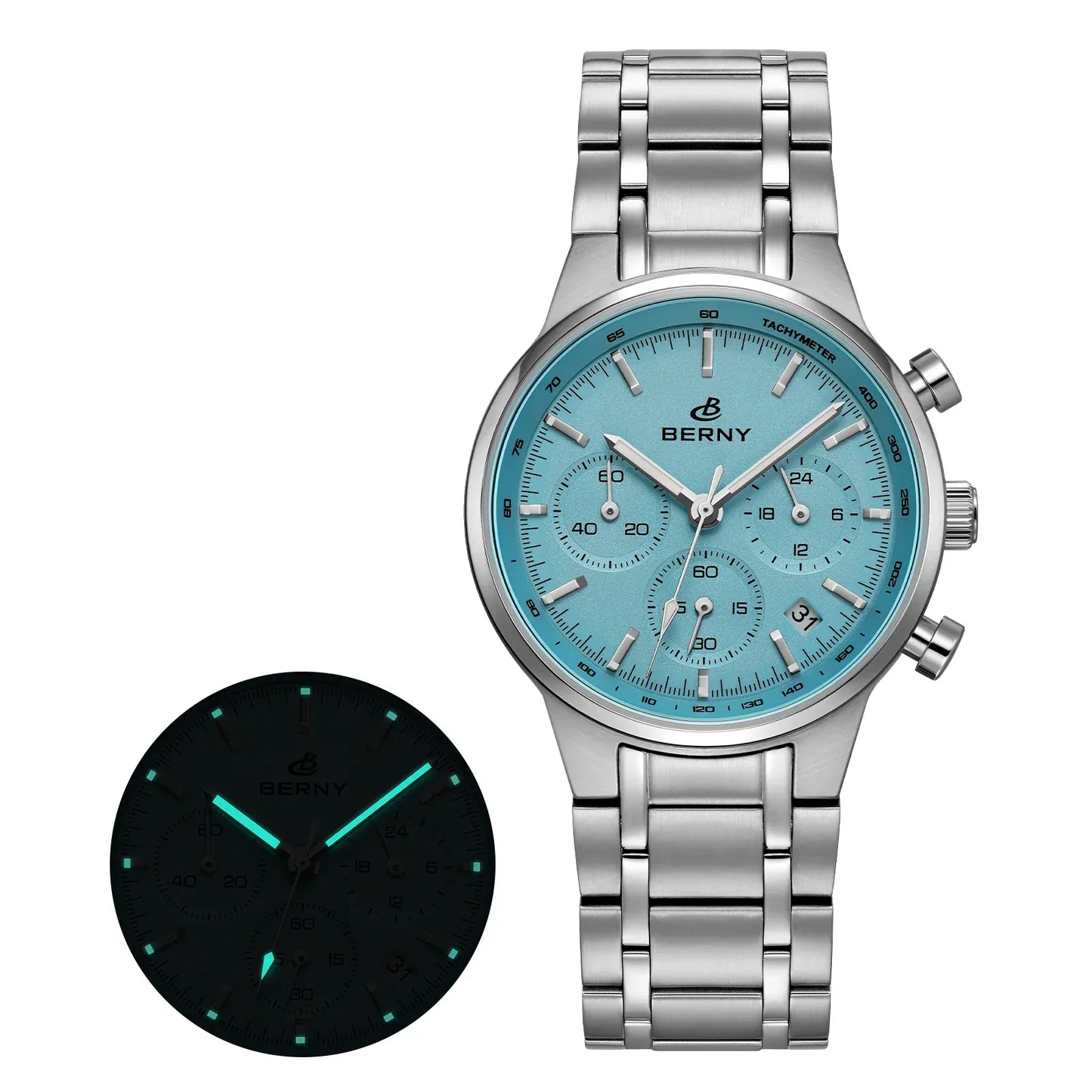 BERNY Men’s Chronograph Watch | Sapphire Stainless Steel Panda Dial - BLAKESTORE-NG