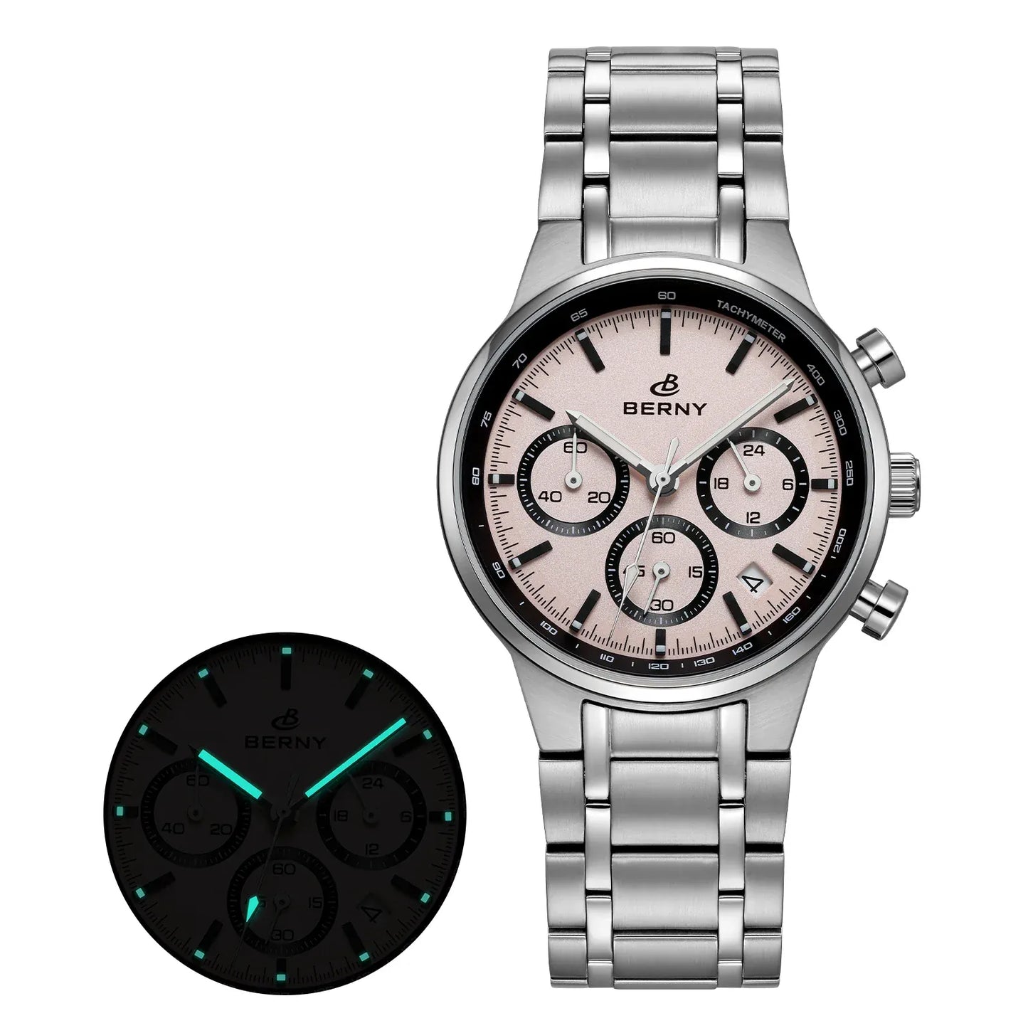 BERNY Men’s Chronograph Watch | Sapphire Stainless Steel Panda Dial - BLAKESTORE-NG