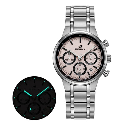 BERNY Men’s Chronograph Watch | Sapphire Stainless Steel Panda Dial - BLAKESTORE-NG
