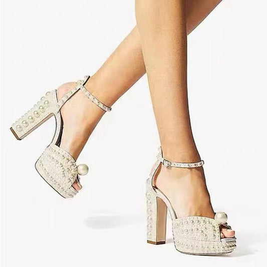 Beaded Thick Heel Platform Sandals For Women. - Maison Novaire
