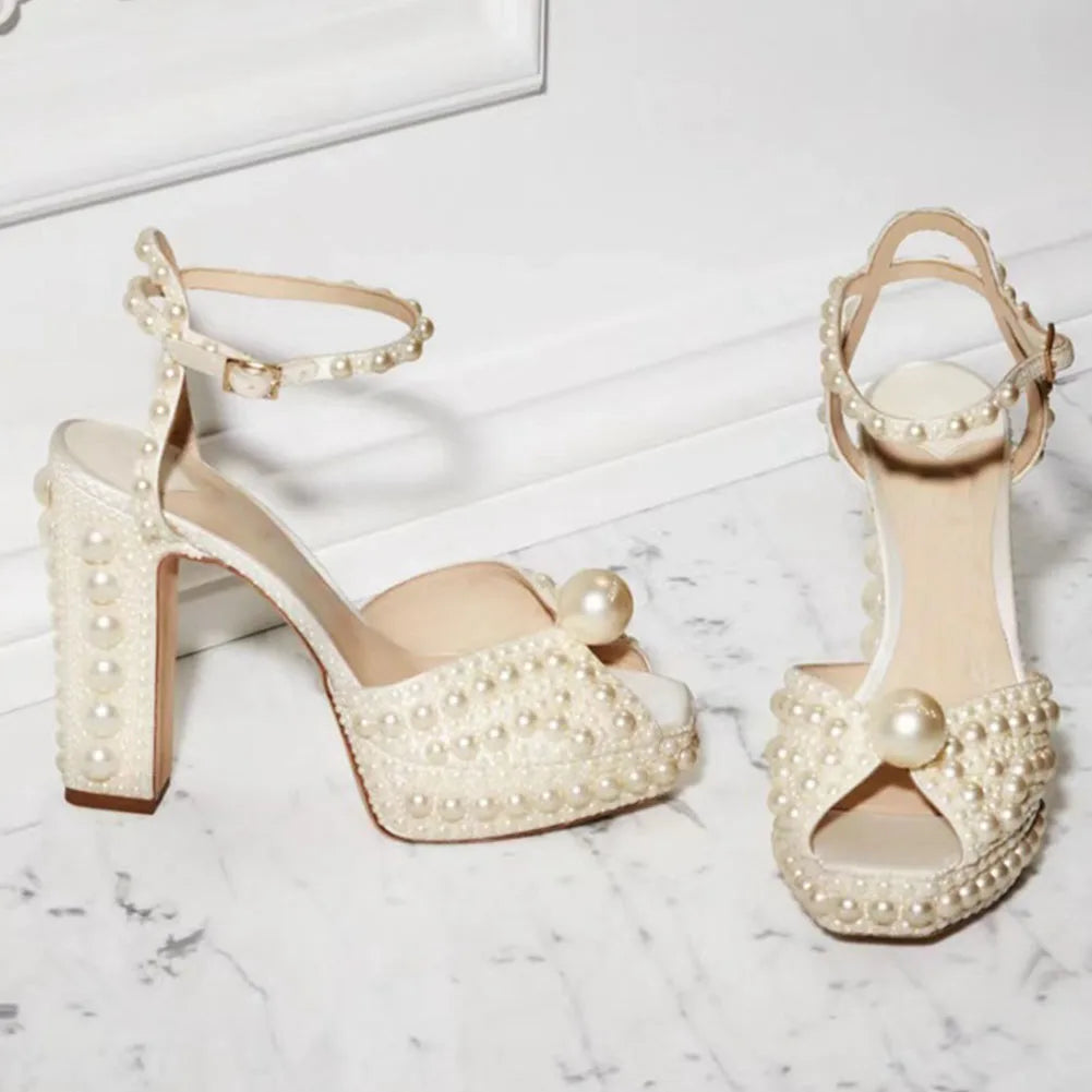 Beaded Thick Heel Platform Sandals For Women. - Maison Novaire