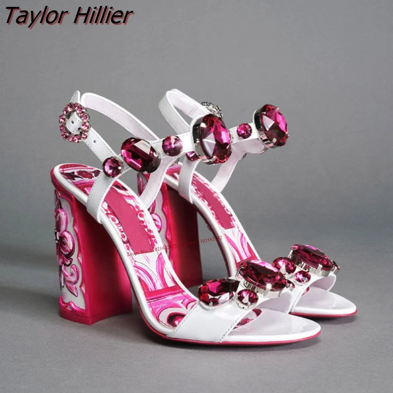 Bohemia Rhinestone Thick Heel Open Toe Sandals. - Maison Novaire #