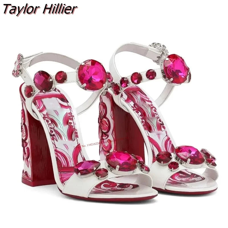 Bohemia Rhinestone Thick Heel Open Toe Sandals. - Maison Novaire #