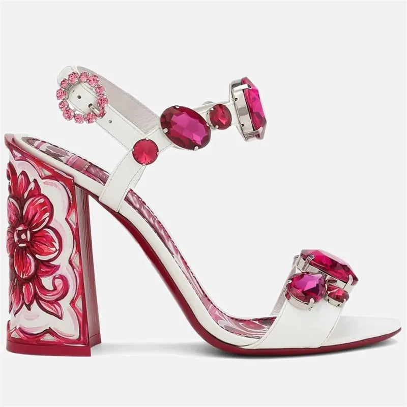 Bohemia Rhinestone Thick Heel Open Toe Sandals. - Maison Novaire #