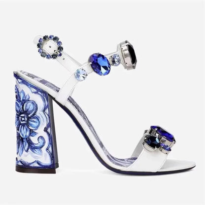 Bohemia Rhinestone Thick Heel Open Toe Sandals. - Maison Novaire #