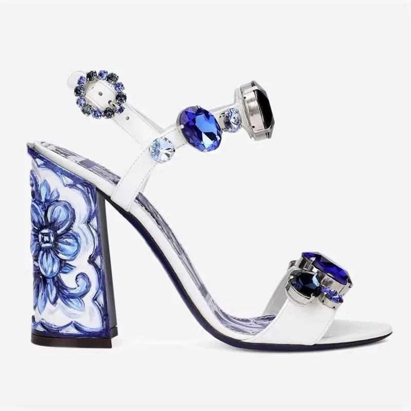 Bohemia Rhinestone Thick Heel Open Toe Sandals. - Maison Novaire #
