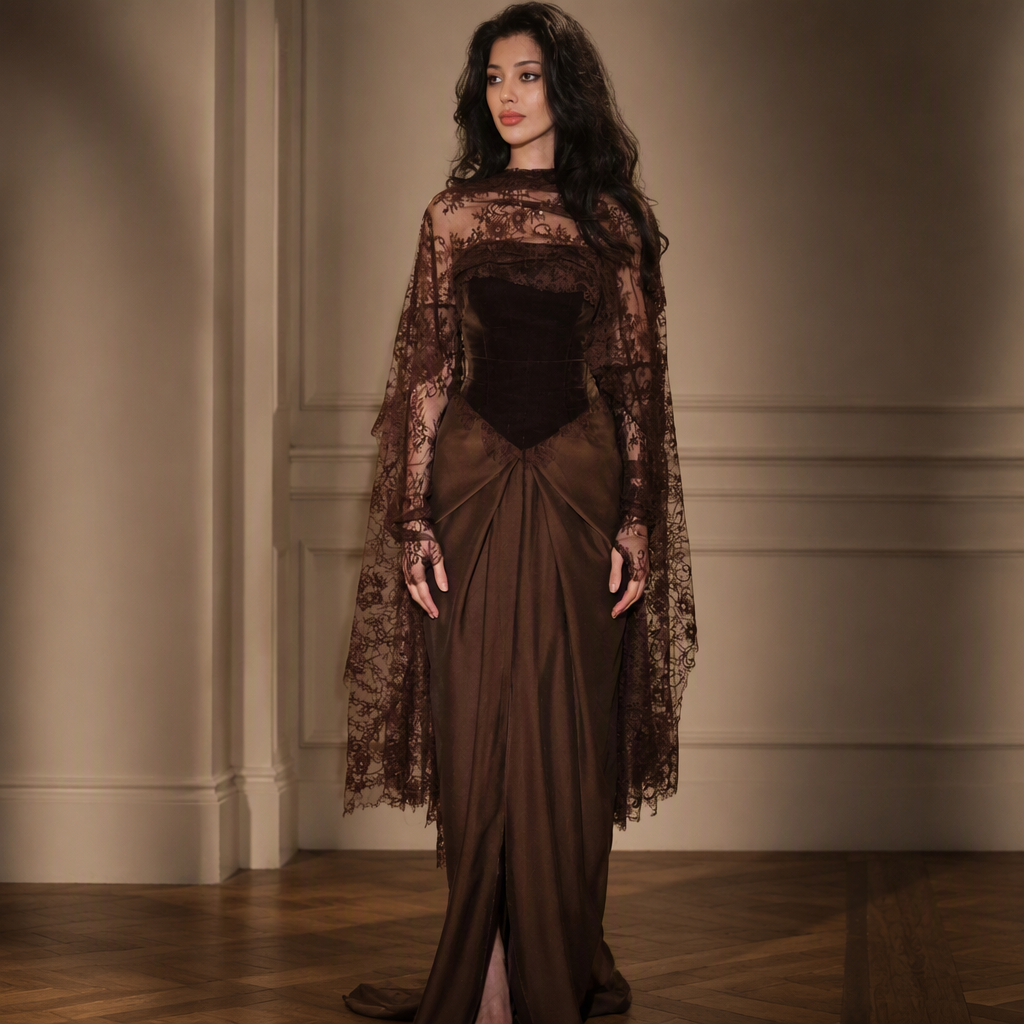 Brown Sequin Strapless Trumpet Gown with Shawl | Maison Novaire Collection