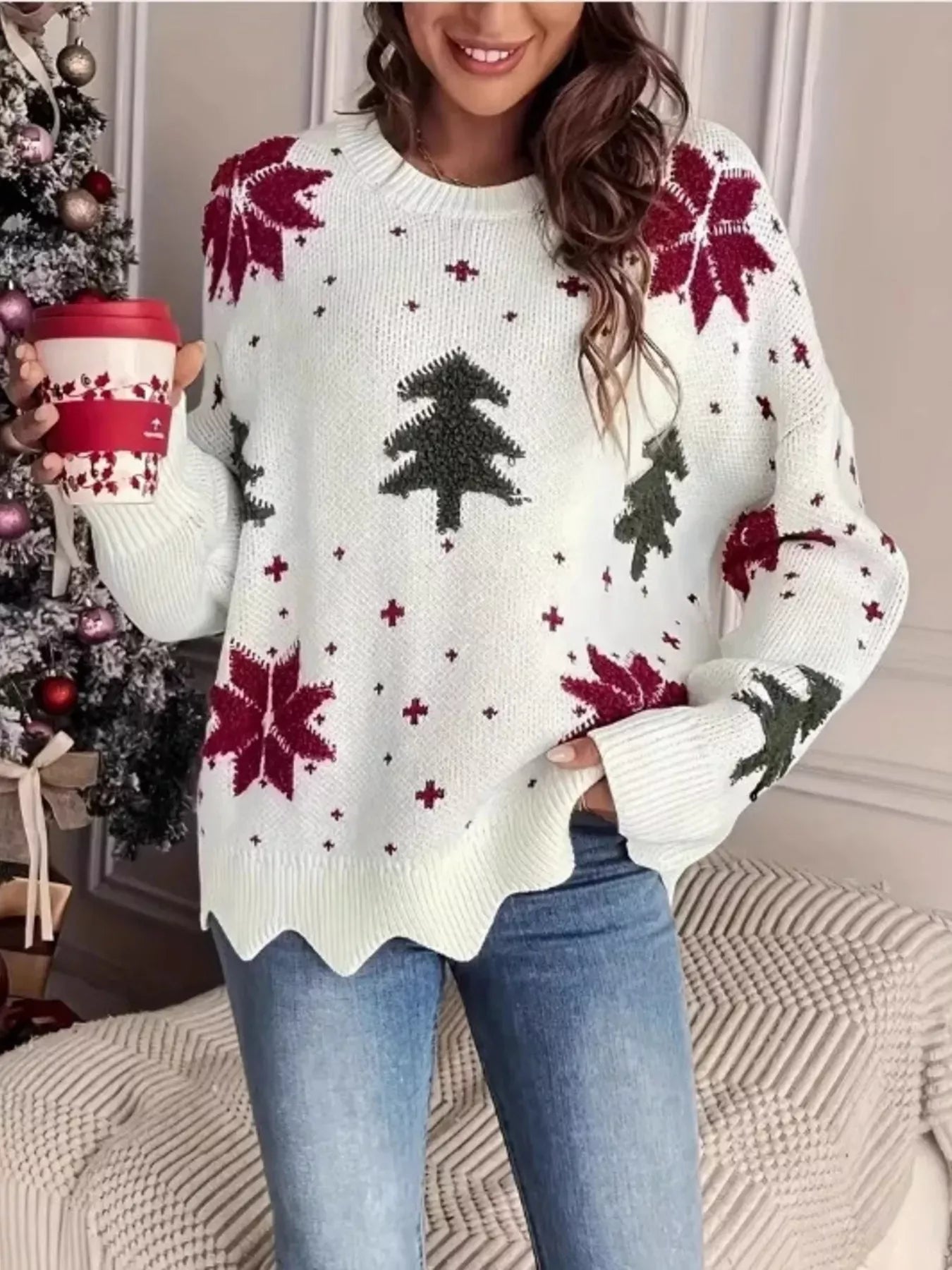 Christmas Tree Pattern Round Neck Sweater - Maison Novaire #