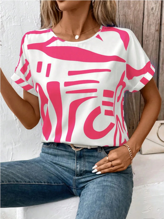 Contrast Round Neck Short Sleeve Blouse - Maison Novaire