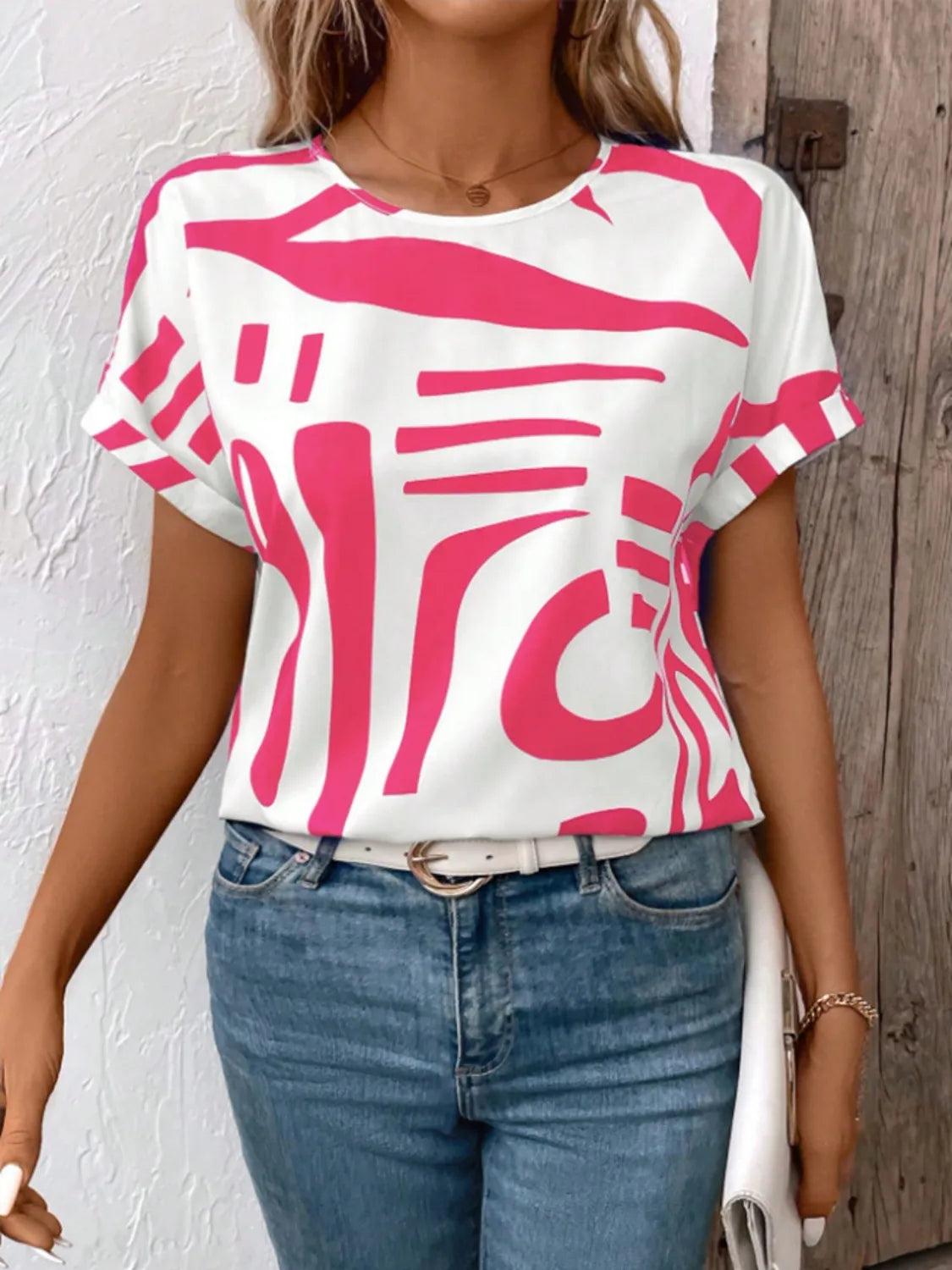 Contrast Round Neck Short Sleeve Blouse - Maison Novaire