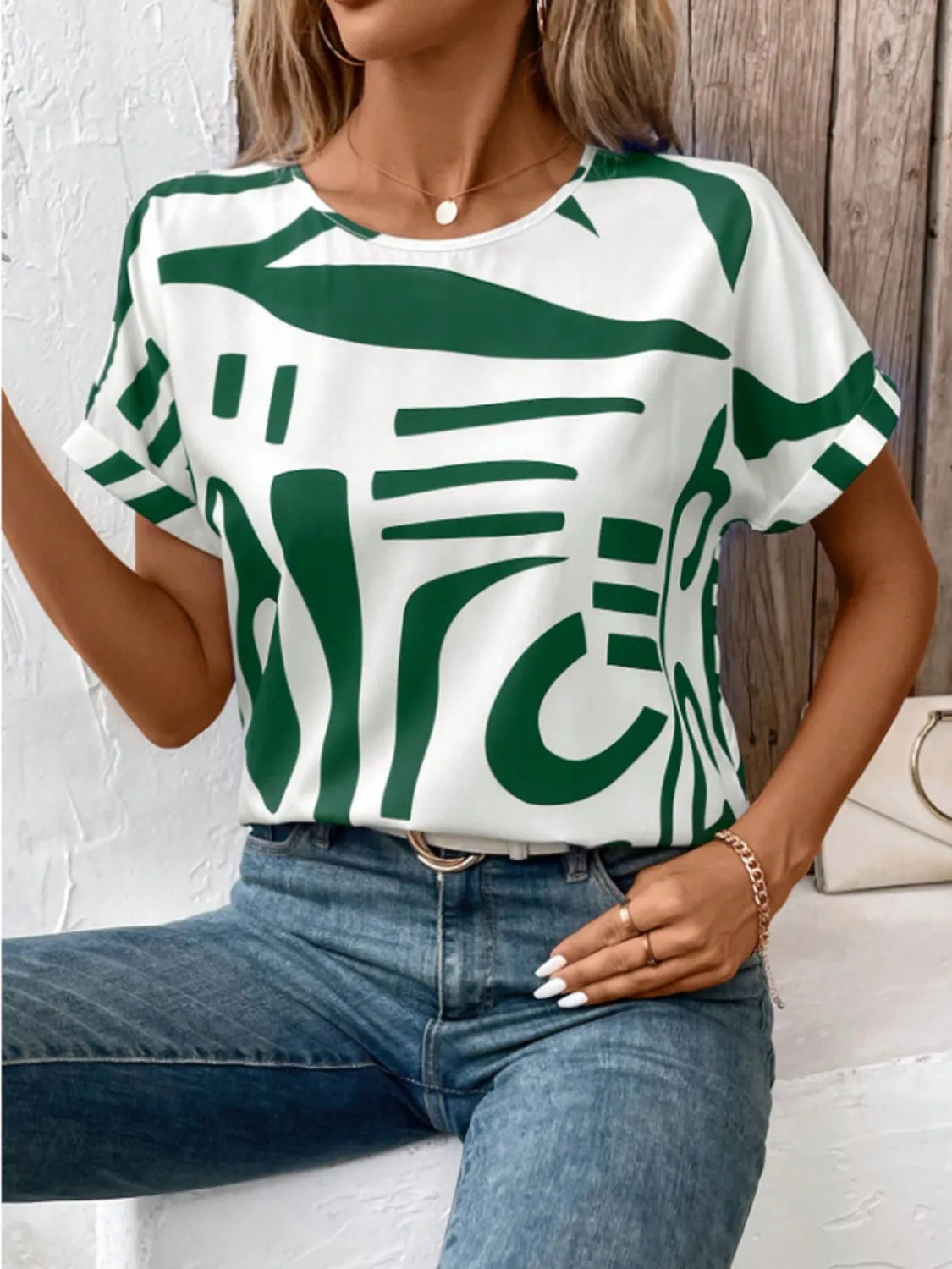 Contrast Round Neck Short Sleeve Blouse - Maison Novaire