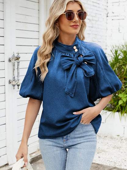 Denim Bow Tie Puff Sleeve Ladies Top - BLAKESTORE-NG