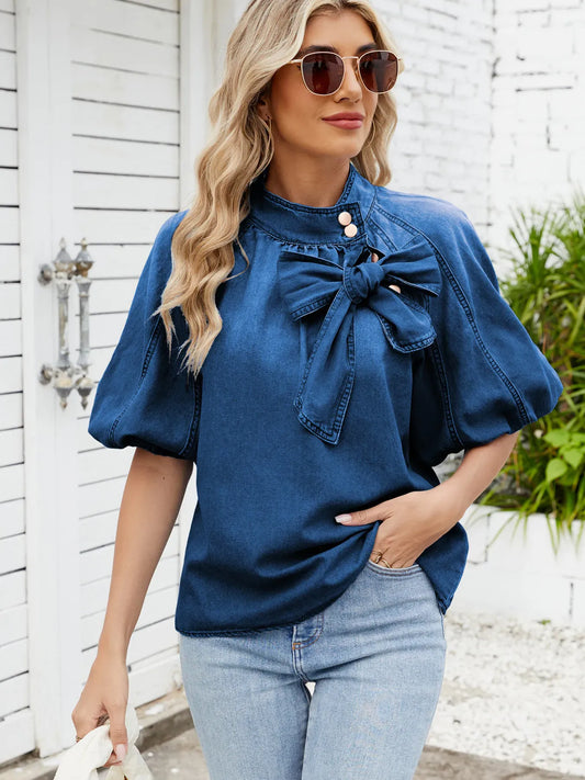 Denim Bow Tie Puff Sleeve Ladies Top - BLAKESTORE-NG