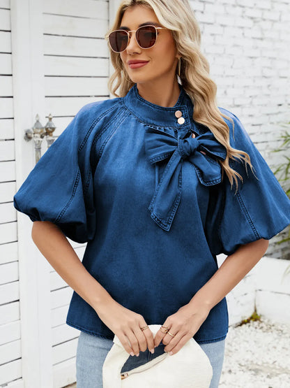 Denim Bow Tie Puff Sleeve Ladies Top - BLAKESTORE-NG