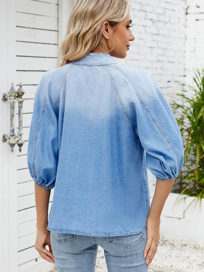 Denim Bow Tie Puff Sleeve Ladies Top - BLAKESTORE-NG