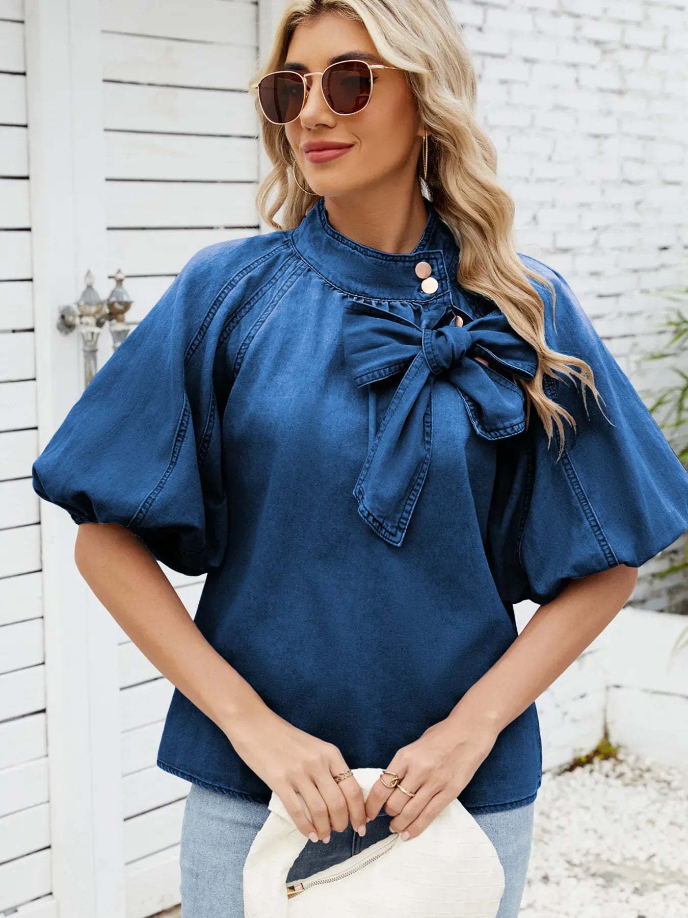 Denim Bow Tie Puff Sleeve Ladies Top - Maison Novaire