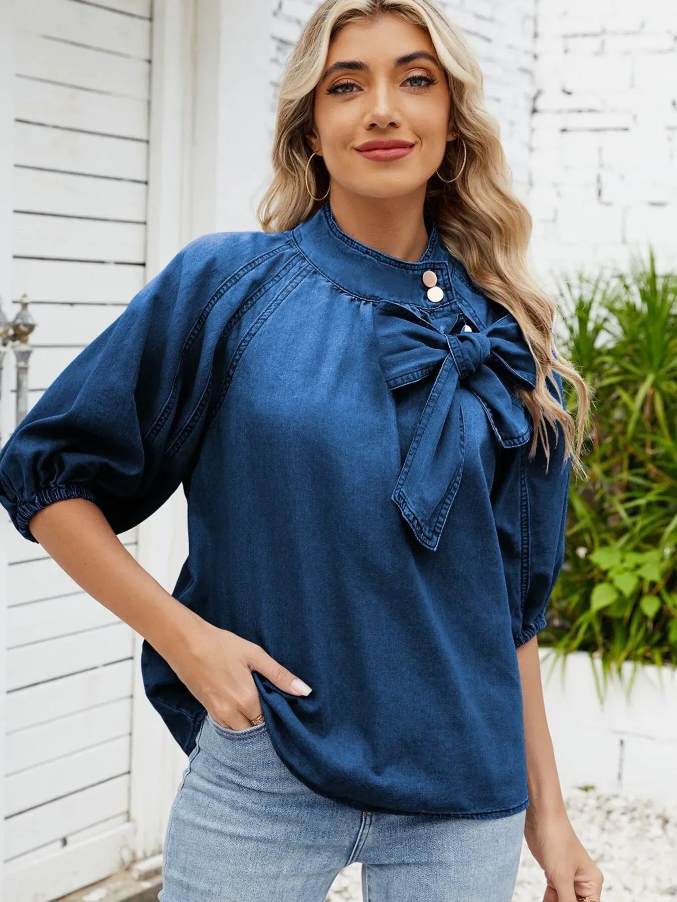 Denim Bow Tie Puff Sleeve Ladies Top - Maison Novaire