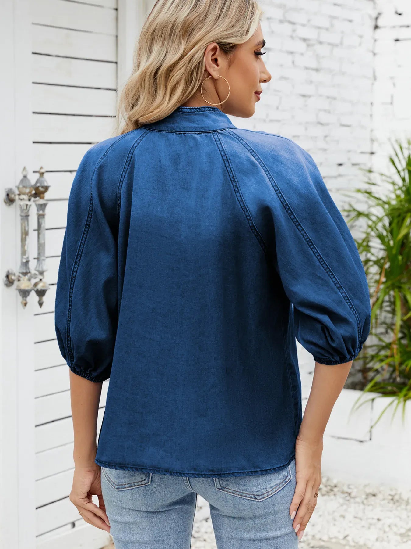 Denim Bow Tie Puff Sleeve Ladies Top - Maison Novaire