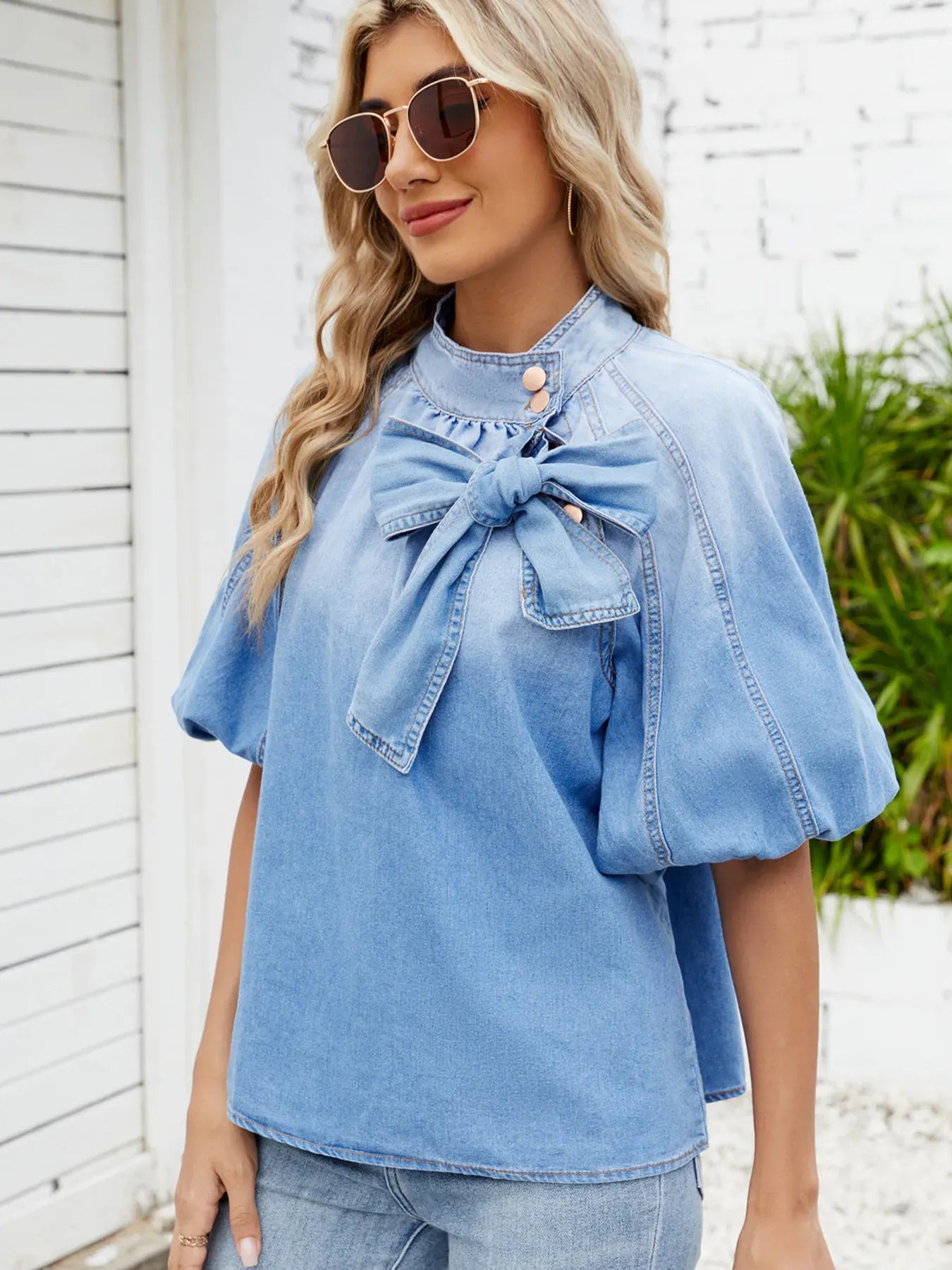 Denim Bow Tie Puff Sleeve Ladies Top - Maison Novaire
