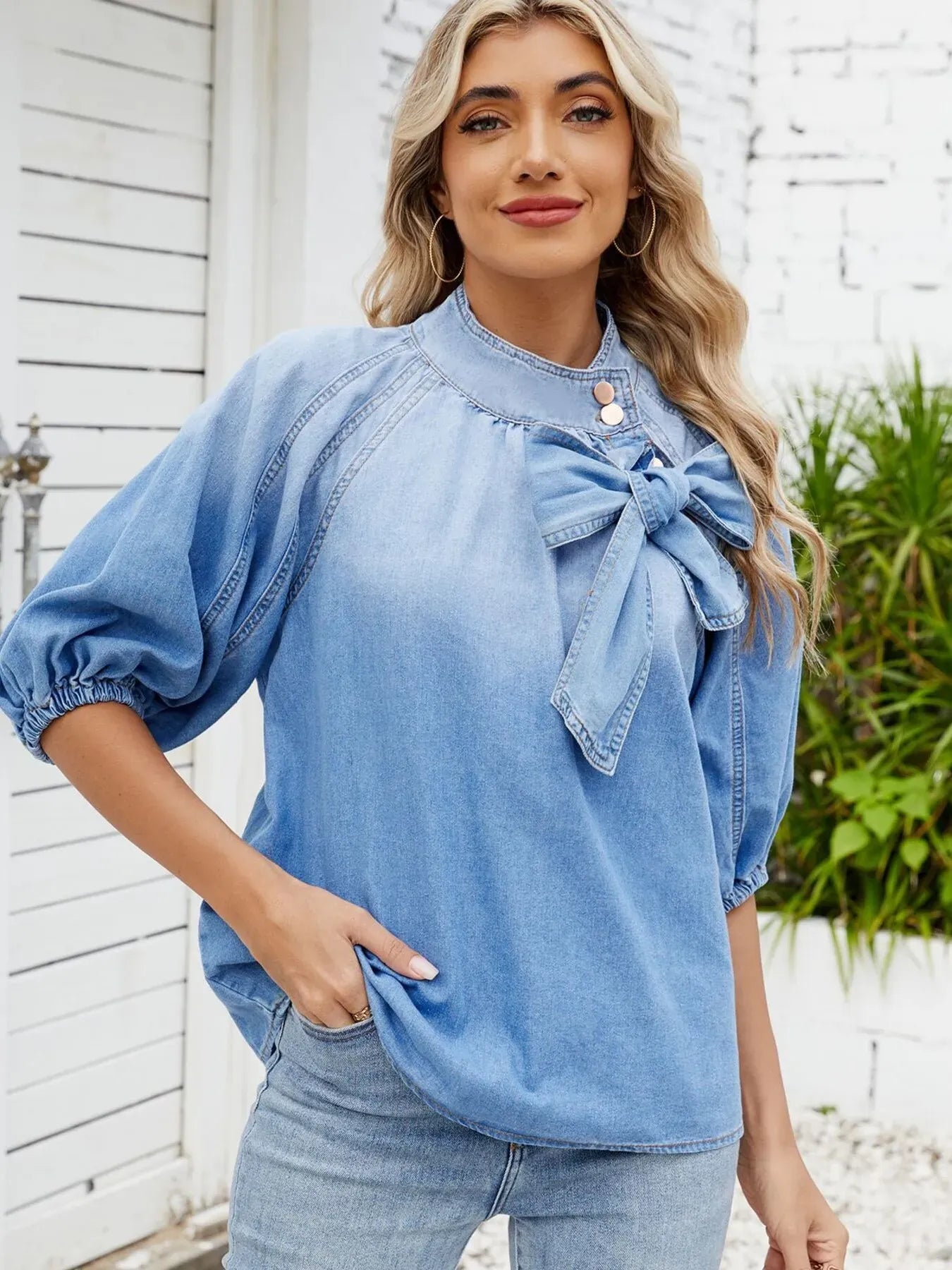Denim Bow Tie Puff Sleeve Ladies Top - Maison Novaire