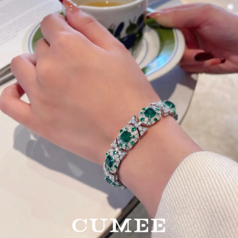 Diamond Cultivated Synthetic Emerald Bracelet in 925 Sterling Silver  - bracelet 18cm - Maison Novaire