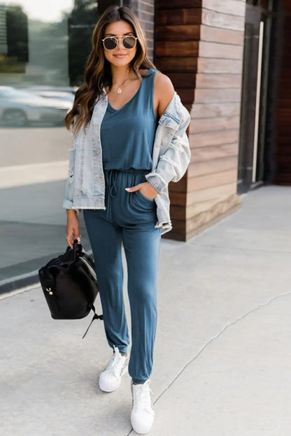 Drawstring Round Neck Sleeveless Jumpsuit. - Maison Novaire #