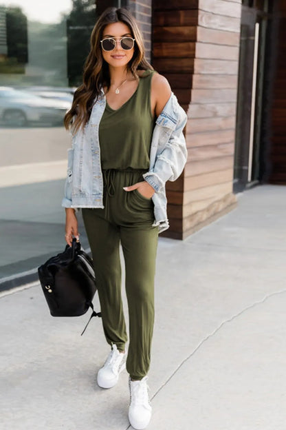 Drawstring Round Neck Sleeveless Jumpsuit. - Maison Novaire #