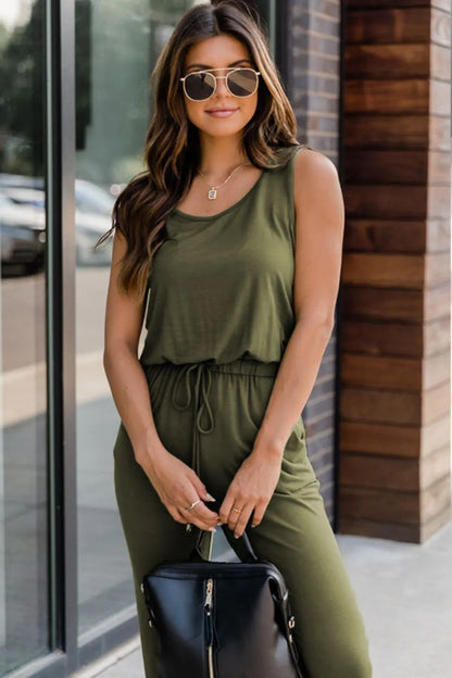 Drawstring Round Neck Sleeveless Jumpsuit. - Maison Novaire #