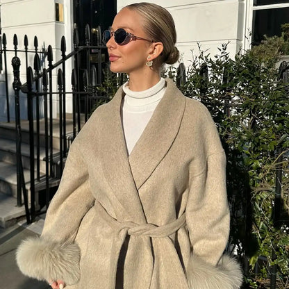 Elegant Lace-Up Woolen Coat for Women – Furry Lapel Patchwork Belted Short Jacket -Autumn/Winter - BLAKESTORE-NG