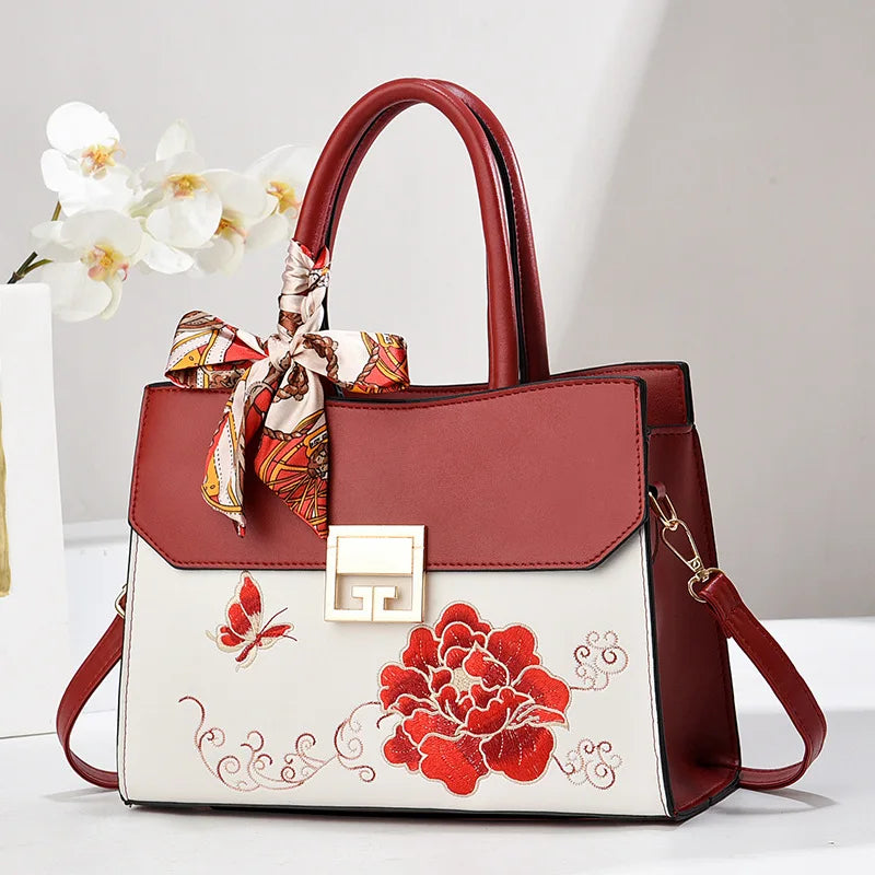 Embroidery Vintage Women Handbag Scarf Bow Classical Shoulder Crossbody Bag. Mother's Day Gift. - Maison Novaire