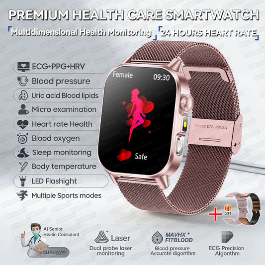 Fashion Health Smart Watch Women 2.0 AMOLED ECG BT Call  - Rose gold Mesh Bel t2A / AI Health Report - Maison Novaire