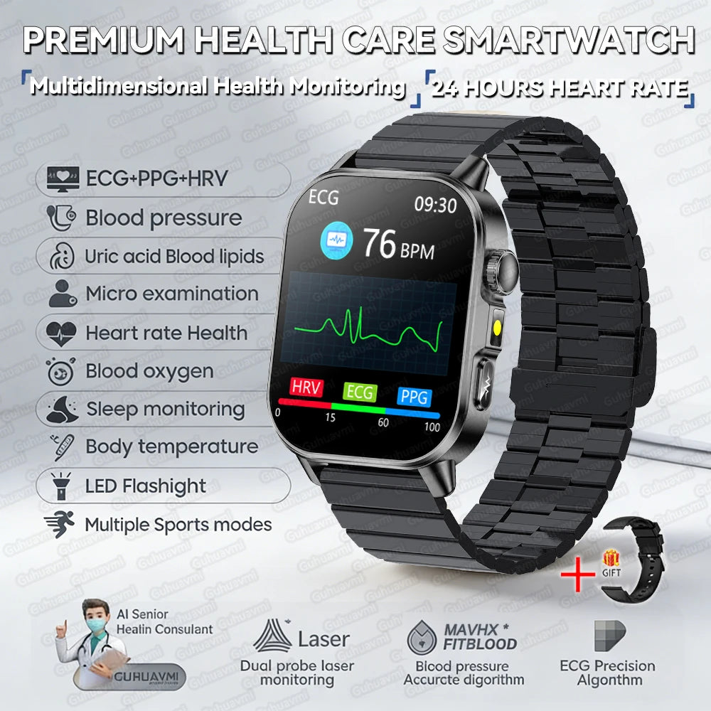 Fashion Health Smart Watch Women 2.0 AMOLED ECG BT Call  - Black Steel B / AI Health Report - Maison Novaire