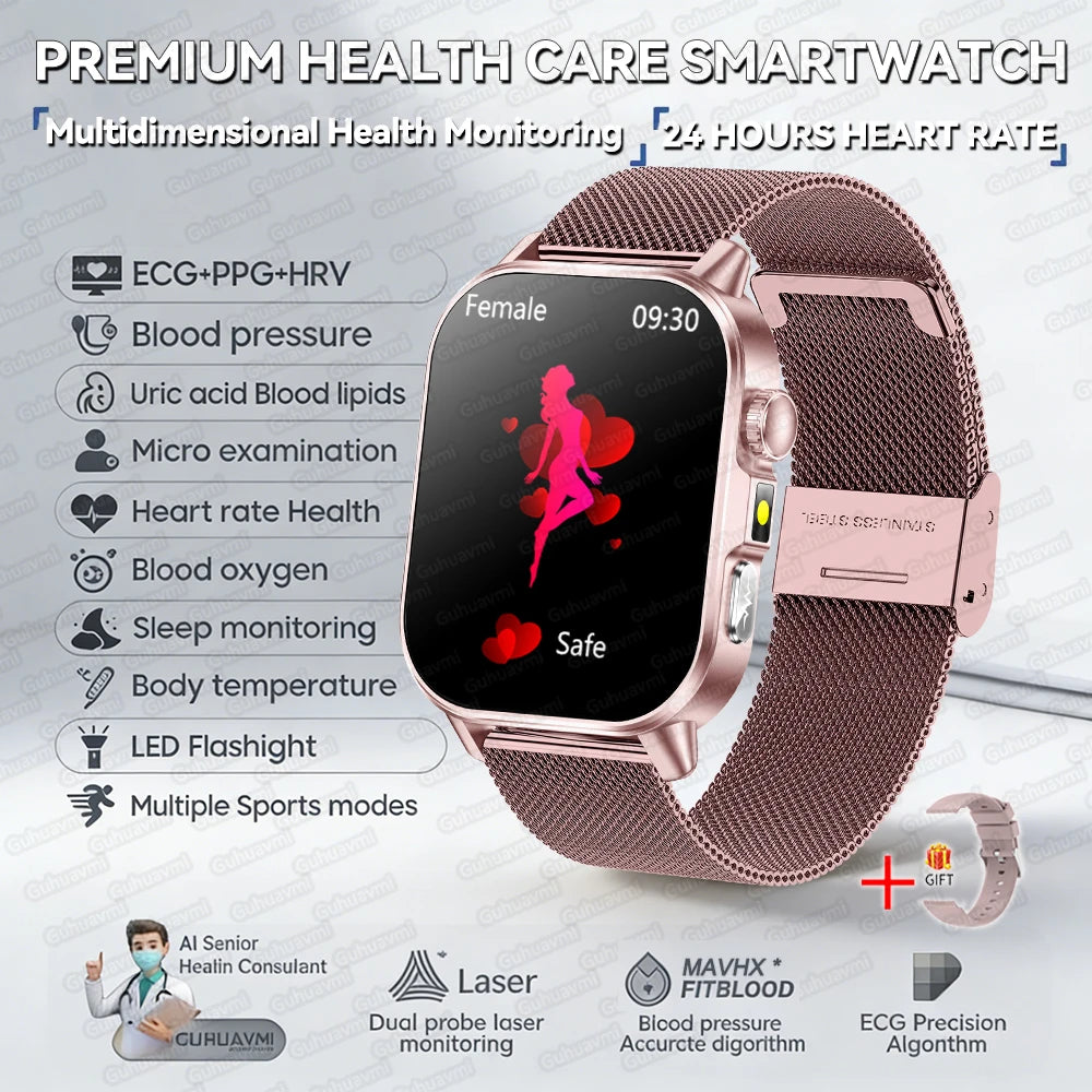 Fashion Health Smart Watch Women 2.0 AMOLED ECG BT Call  - Pink Mesh Belt / AI Health Report - Maison Novaire