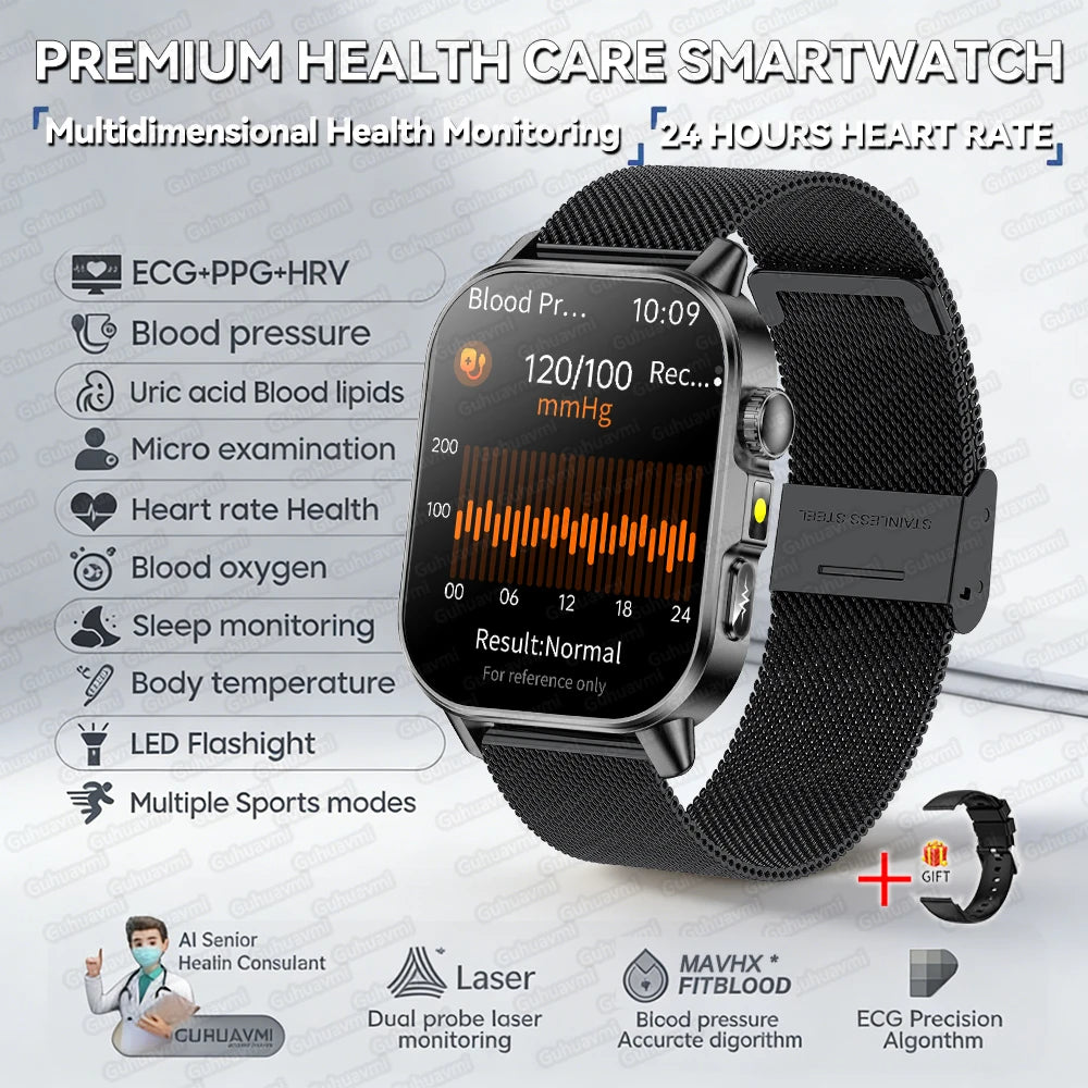 Fashion Health Smart Watch Women 2.0 AMOLED ECG BT Call  - Black Mesh Belt / AI Health Report - Maison Novaire