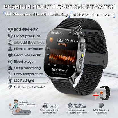 Fashion Health Smart Watch Women 2.0 AMOLED ECG BT Call  - Black Mesh Belt / AI Health Report - Maison Novaire