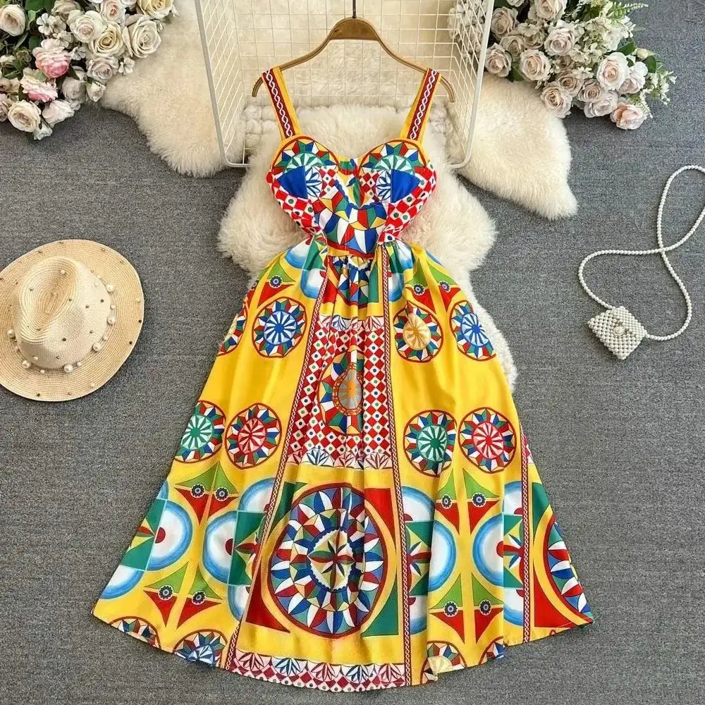 Floral A-Line Dress Women | High Waist Party Attire yellow