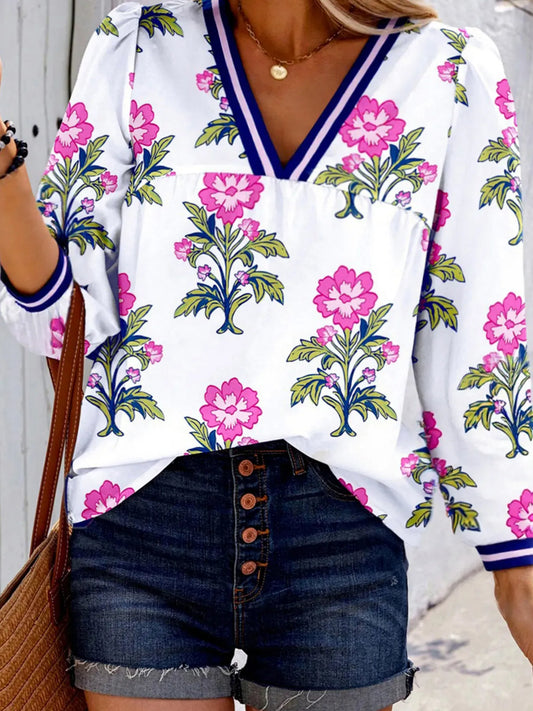 Floral Print Striped V Neck Blouse - BLAKESTORE-NG