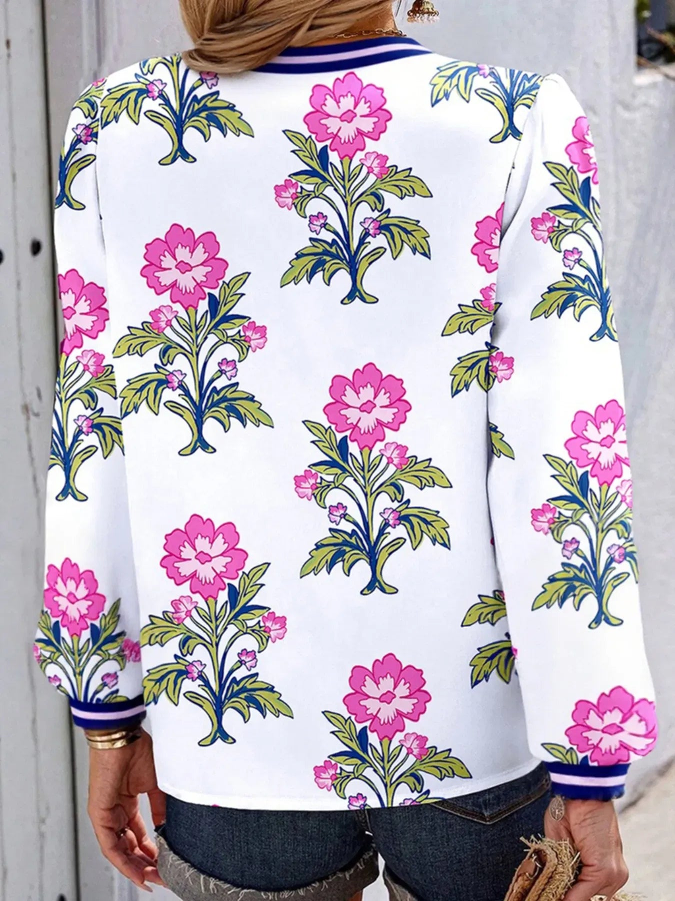 Floral Print Striped V Neck Blouse - Maison Novaire #