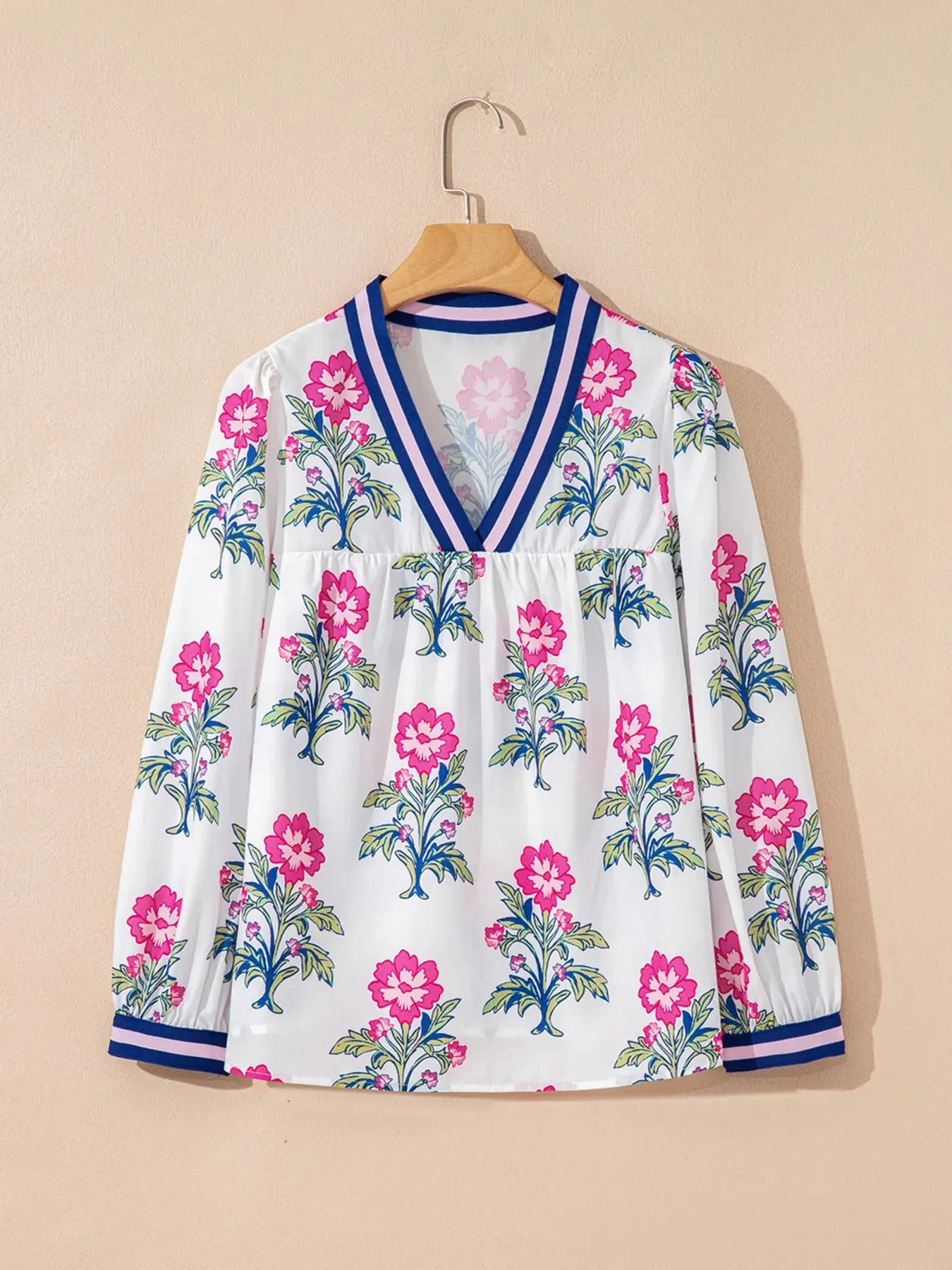 Floral Print Striped V Neck Blouse - Maison Novaire #