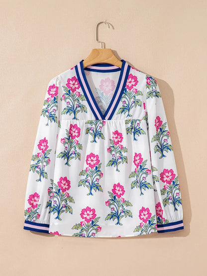 Floral Print Striped V Neck Blouse - Maison Novaire #