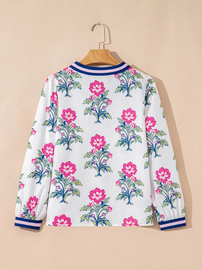 Floral Print Striped V Neck Blouse - Maison Novaire #