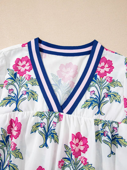 Floral Print Striped V Neck Blouse - Maison Novaire #