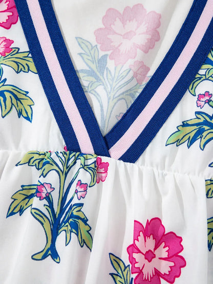 Floral Print Striped V Neck Blouse - Maison Novaire #