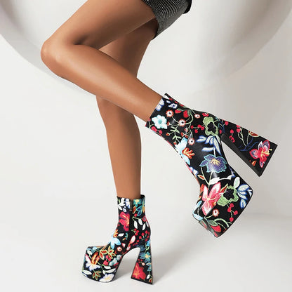 Flower Chunky Heel Boots - Maison Novaire #